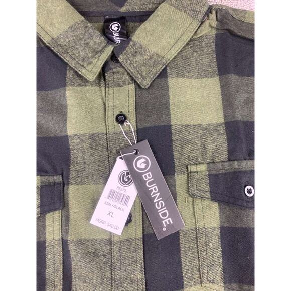 Burnside Shirt Men XL Army Green Button Down Long Sleeve Chest Pockets Plaid - Picture 10 of 10